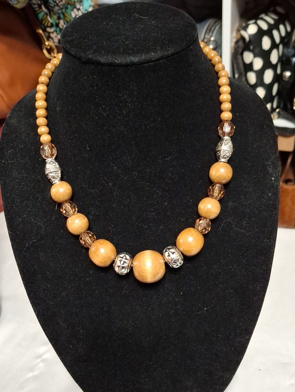 Wood Bead Statement Necklace in Honey Brown - Women Jewelry 19" L